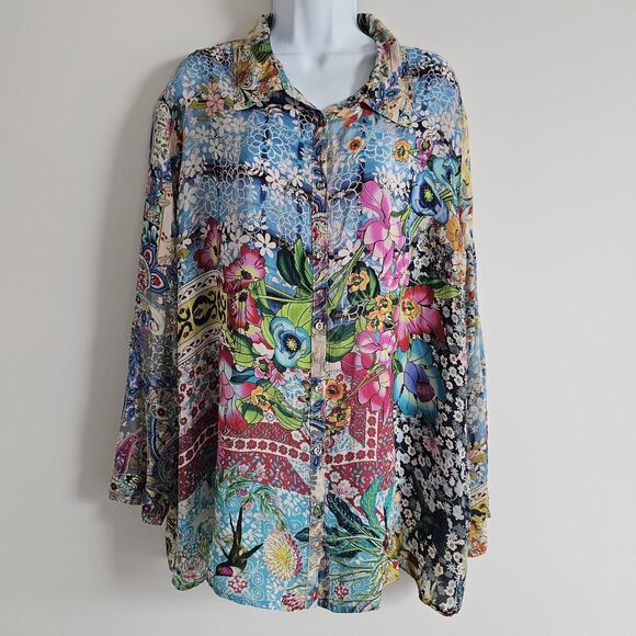 Johnny Was Shirt Womens 1X Patchwork Floral Cupro Button Front Colorful Coastal - Picture 1 of 9